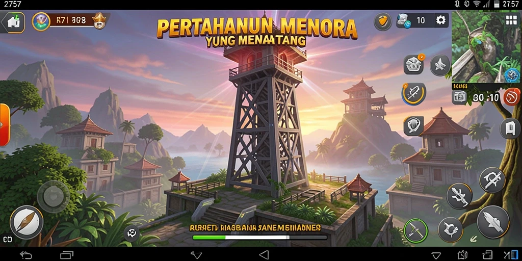 Tampilan gameplay 2757 yang menegangkan dengan menara pertahanan yang kuat.