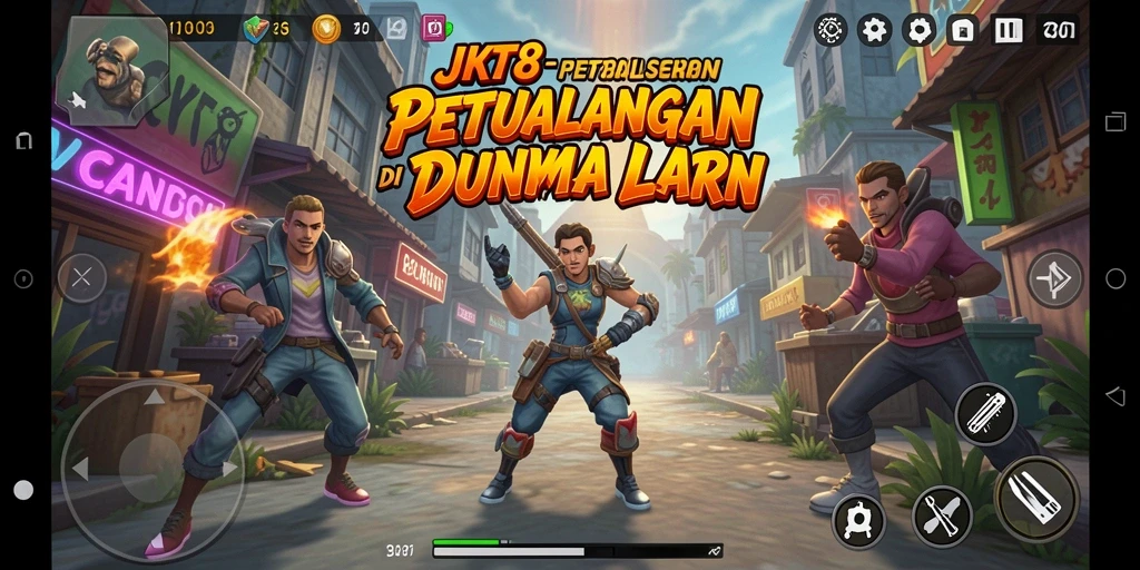 Tangkapan layar dari gameplay JKT8 yang penuh aksi dan petualangan.