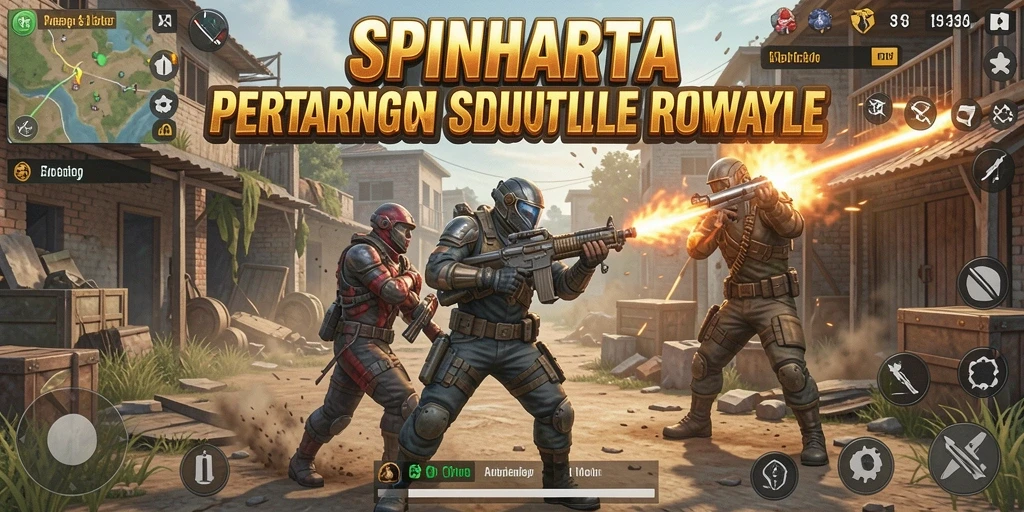 Tampilan gameplay seru dalam SPINHARTA saat bertarung di arena.