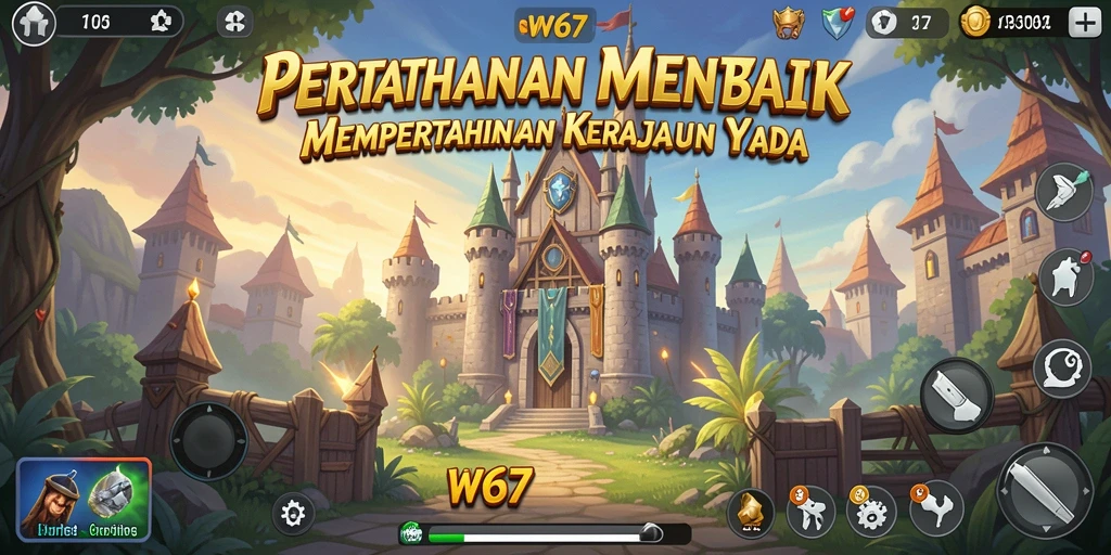 Tangkapan layar gameplay W67 dengan menara yang menghalau serangan musuh.